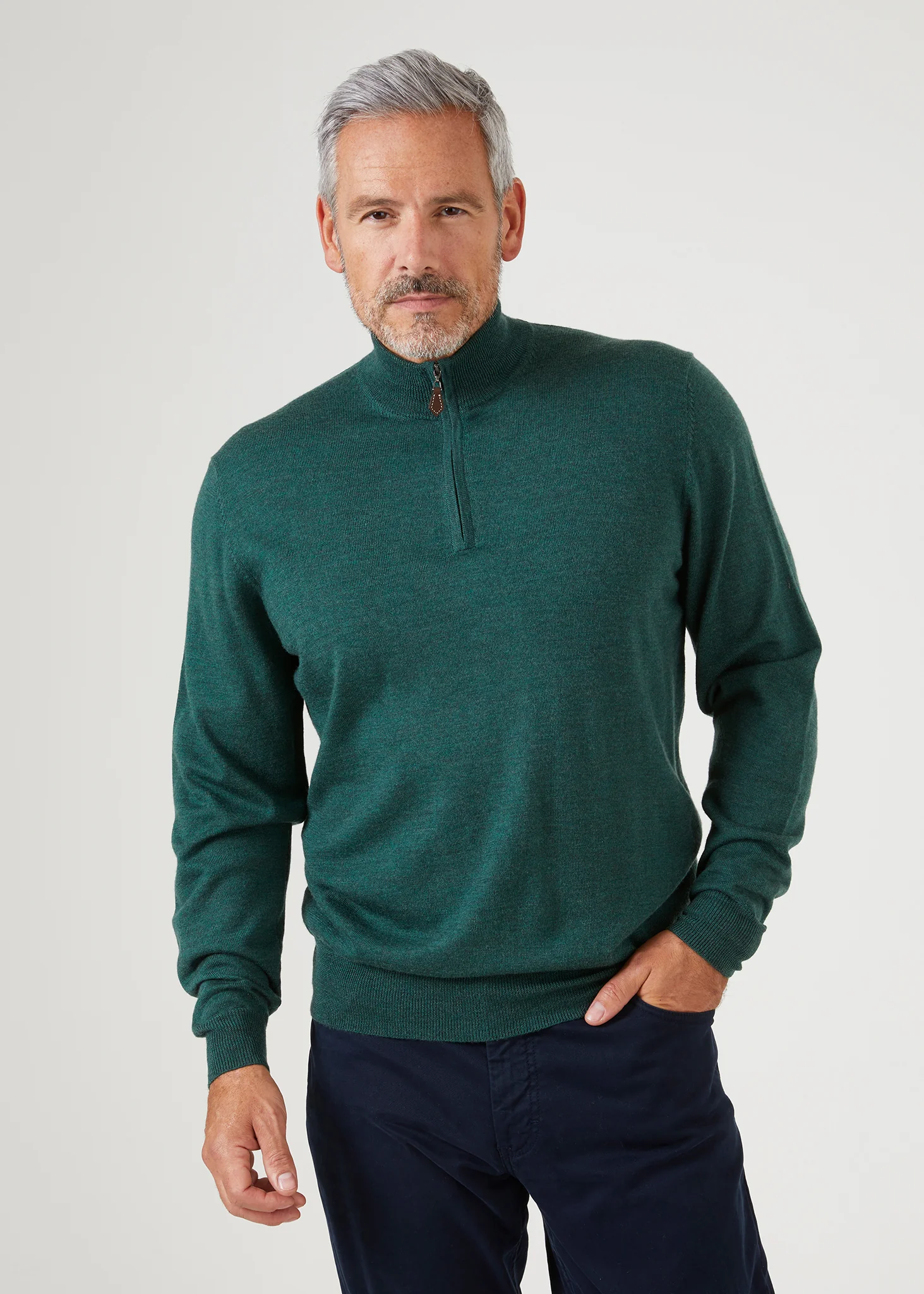 Barton Merino Wool 1/4 Zip Mock Jumper in Hunter - Regular Fit - Image 2
