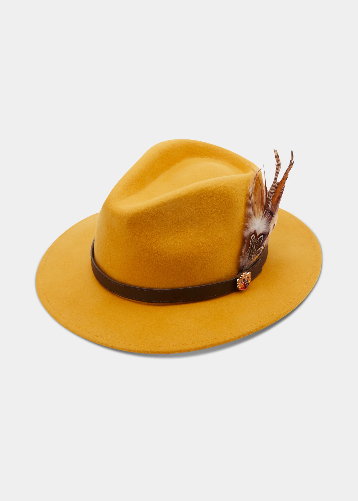 Richmond Unisex Felt Hat With Feather In Mustard