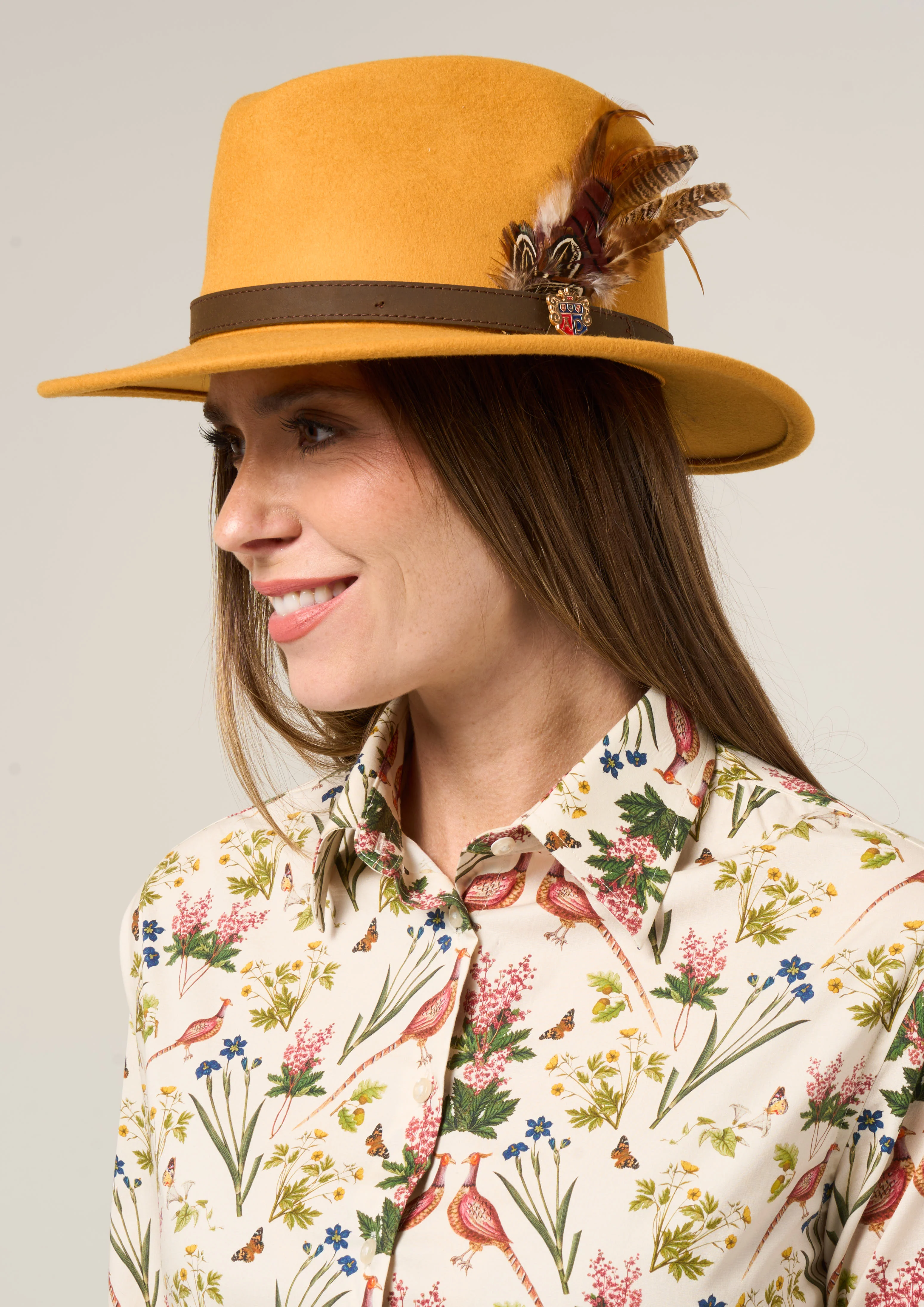 Richmond Unisex Felt Hat With Feather In Mustard - Image 2